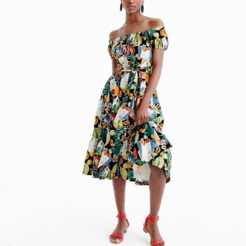 HOLY GRAIL J. Crew postcard print Caribbean-esque midi ruffle dress, size 10